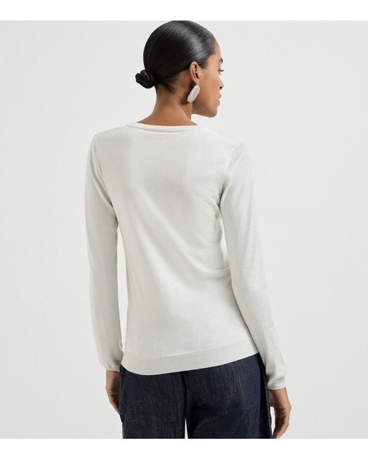 Brunello Cucinelli Gray Cashmere-Silk-Blend V-Neck Sweater