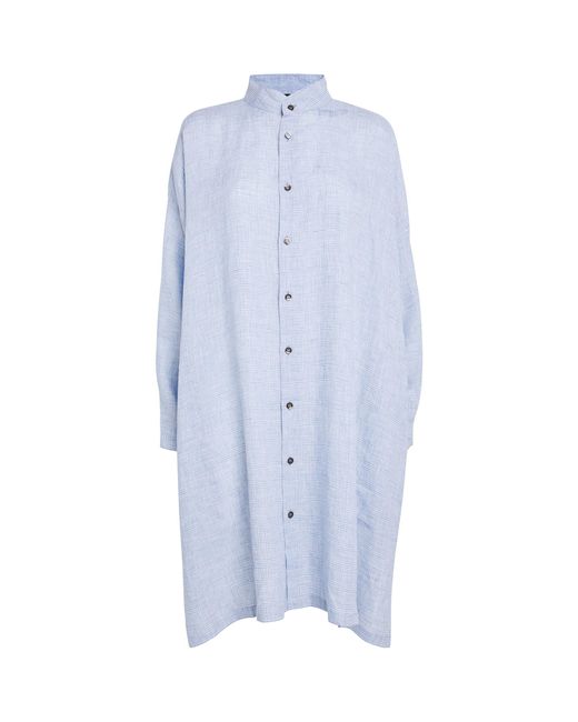 Eskandar Blue Linen Check Longline Shirt