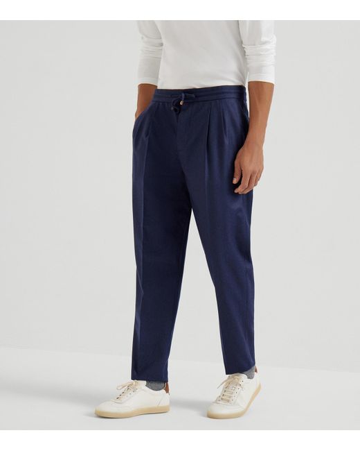 Brunello Cucinelli Blue Virgin Wool Drawstring Leisure Trousers for men