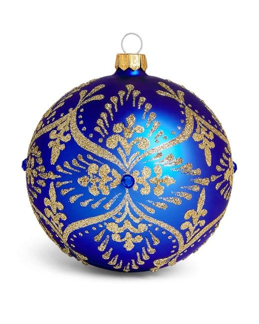 Harrods Blue Glitter Fleur-De-Lis Pattern Bauble