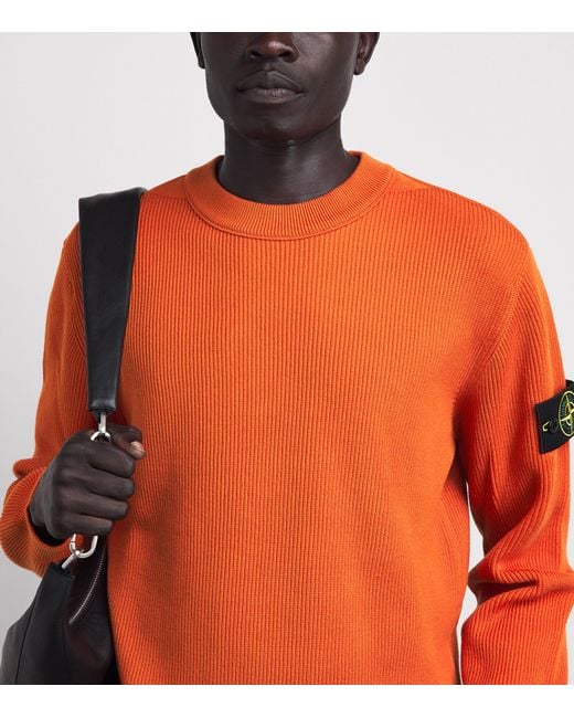 Stone Island Orange Ribbed Compass Patch Sweatshirt for men