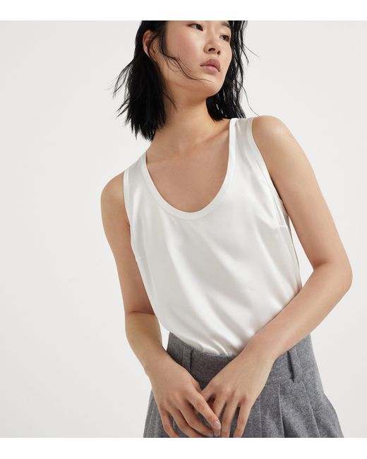 Brunello Cucinelli White Stretch-Silk Satin Reversible Tank Top