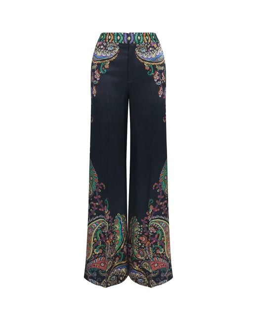 Etro Blue Satin Paisley Wide-Leg Trousers