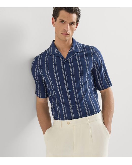 Brunello Cucinelli Blue Stretch-Cotton Stripe Short-Sleeve Shirt for men