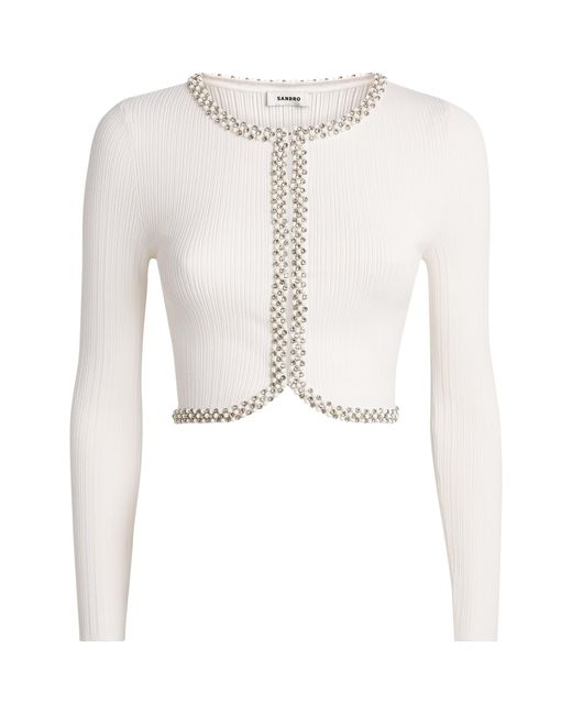Sandro White Ribbed Embellished Cardigan