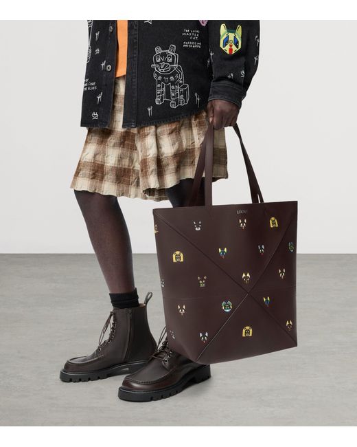 Loewe Brown X Louis Wain Xl Calfskin Puzzle Fold Tote Bag