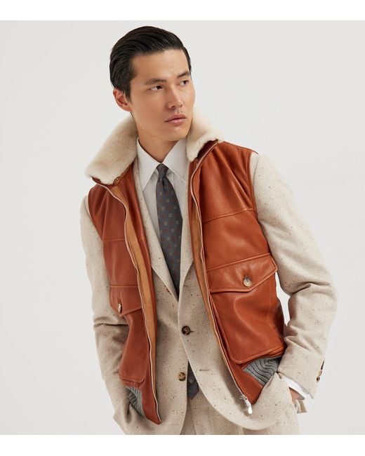 Brunello Cucinelli Brown Leather Shearling-Trim Padded Gilet for men