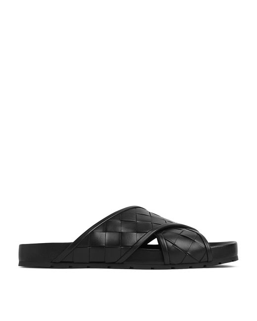 Bottega Veneta Black Leather Intrecciato Tarik Sandals for men