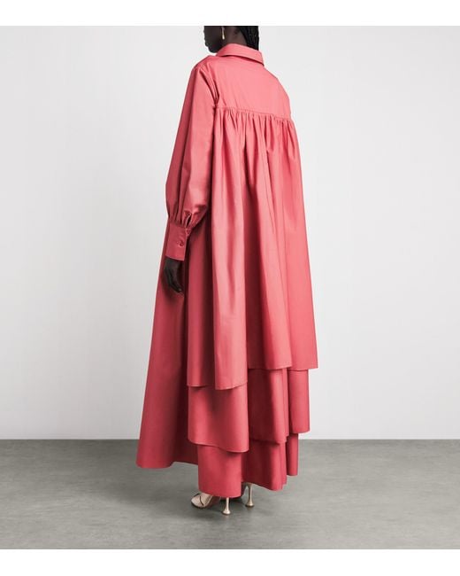 Abadia Pink Cotton Layered Volume Maxi Shirt Dress