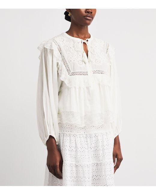 Rixo White Cotton Embroidered Diann Blouse