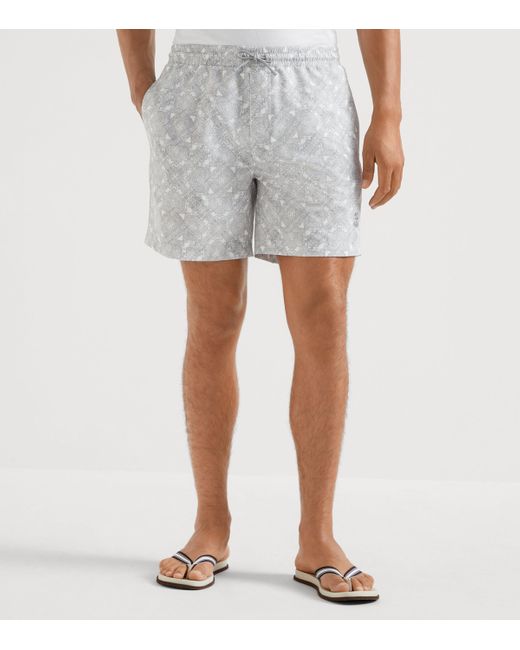 Brunello Cucinelli Gray Printed Swim Shorts for men
