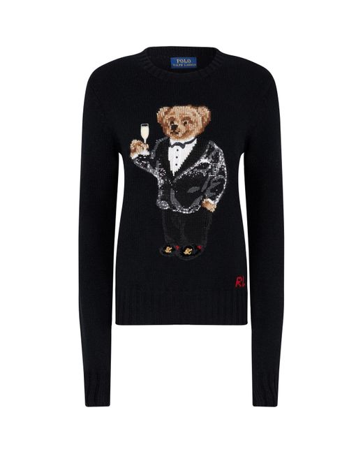 Polo Ralph Lauren Black Wool Sequin Polo Bear Sweater
