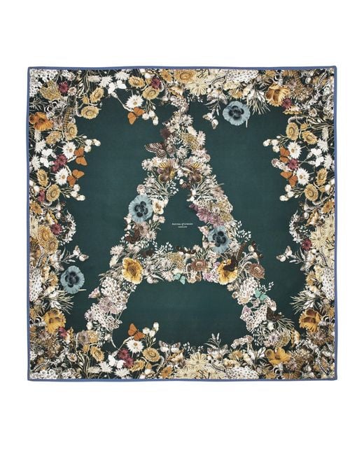 Aspinal Green Silk Floral Monogram Scarf