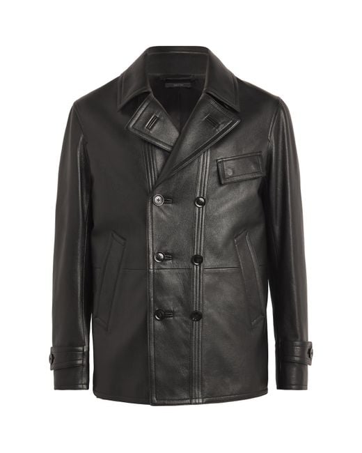 Tom Ford Black Leather Pea Coat for men