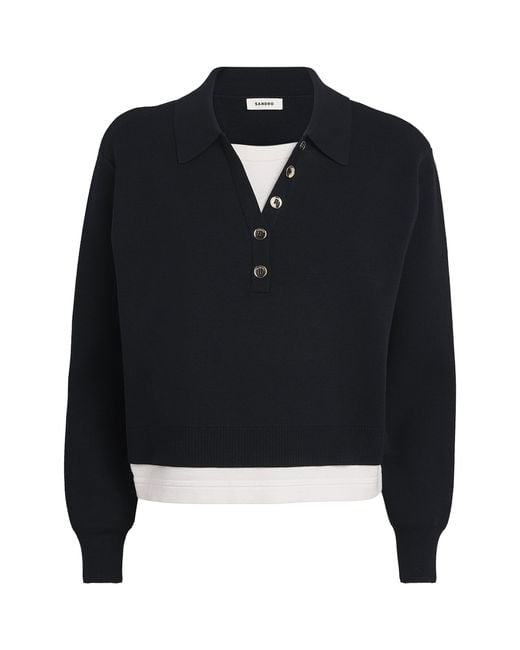Sandro Black Knitted Layered Polo Shirt