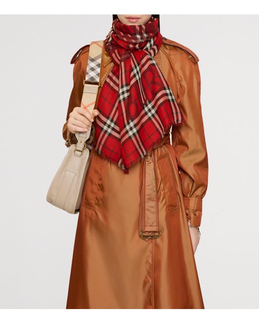 Burberry Red Wool-Silk Wide Ekd Check Scarf