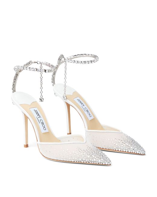 Jimmy Choo White Saeda 100 Rhinestone-Embellished Heels