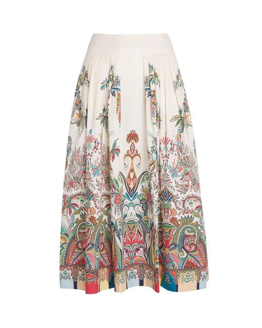 Etro White Cotton Paisley Pleated Midi Skirt