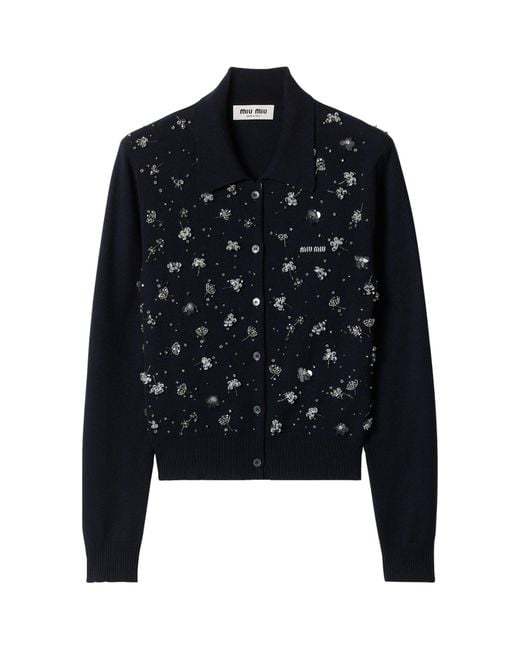 Miu Miu Blue Cashmere Embroidered Cardigan