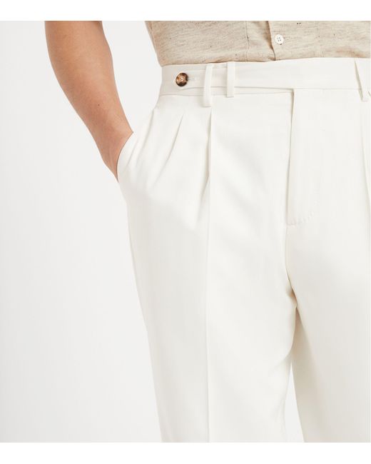 Brunello Cucinelli White Silk Pleated Trousers for men