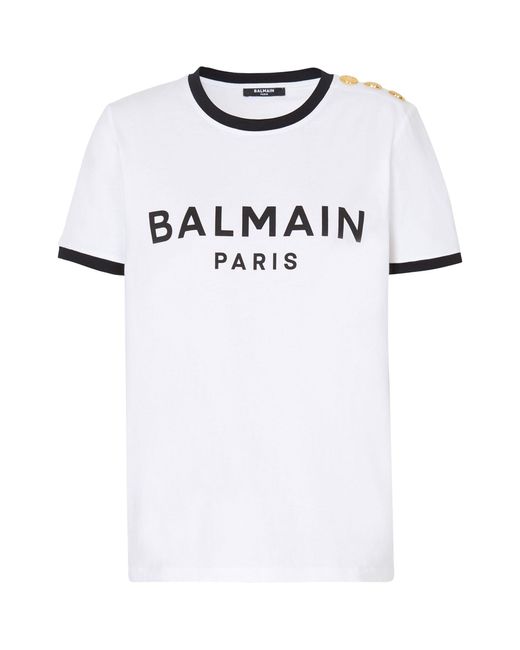 Balmain White Button-detail Logo T-shirt