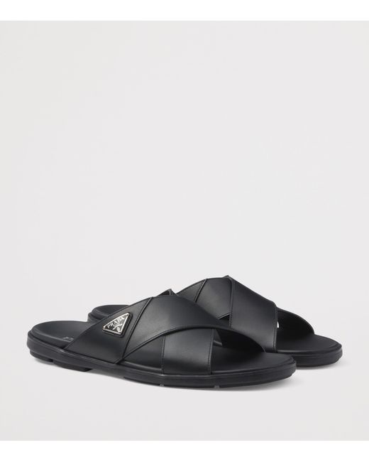 Prada Black Leather Crisscross Logo Slides for men