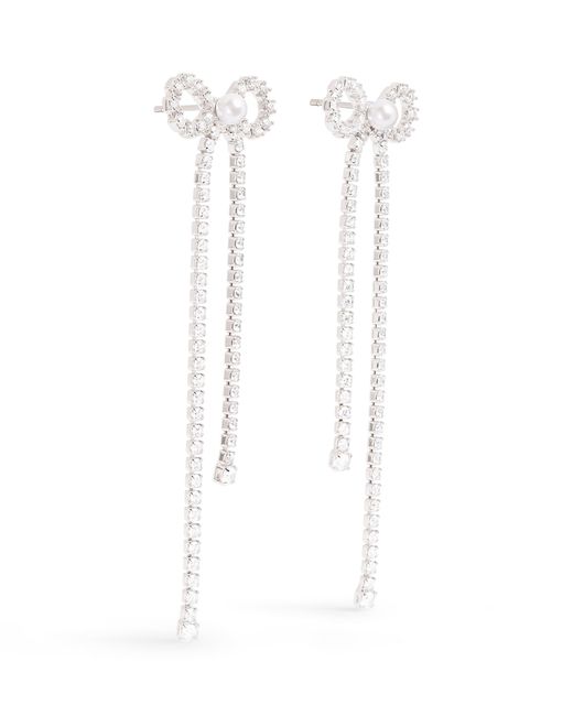 Self-Portrait White Crystal And Faux Pearl Bow Drop Earrings