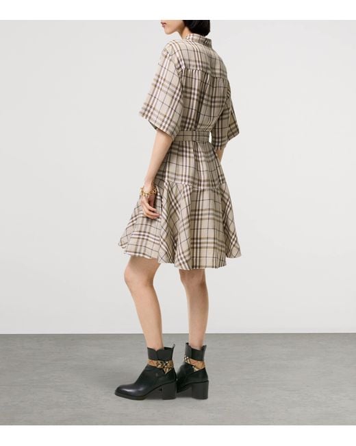 Burberry White Short-Sleeve Check Linen-Blend Belted Mini Shirtdress