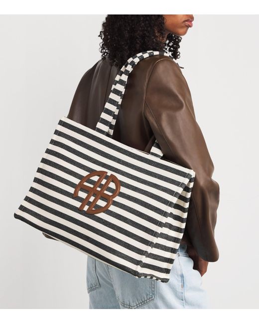 Anine Bing White Stripe Logo Lara Tote Bag