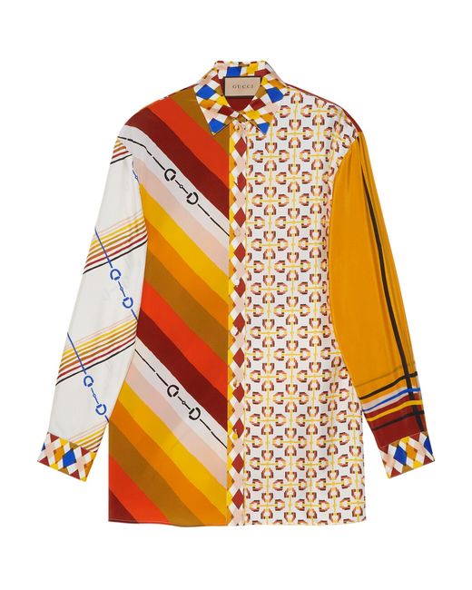 Gucci Orange Silk Heritage Patchwork Print Shirt