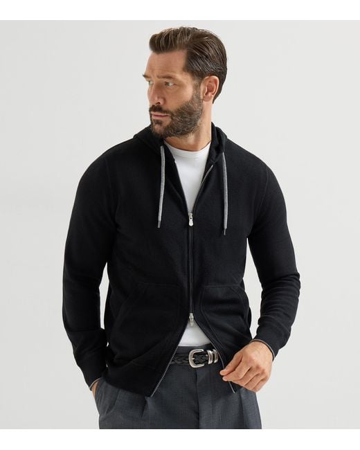 Brunello Cucinelli Black Cashmere Zip-Up Hoodie for men