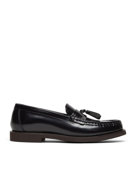 Brunello Cucinelli Black Leather Monili-detail Loafers