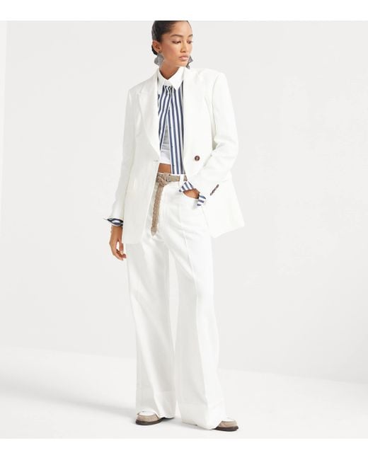 Brunello Cucinelli White Cotton-Linen Wide-Leg Trousers