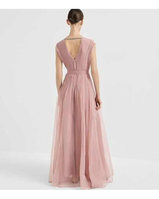 Brunello Cucinelli Pink Silk Belted Maxi Dress