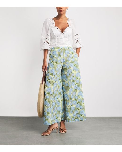 VERANDAH Blue Linen-Cotton Wide-Leg Hydrangea Trousers