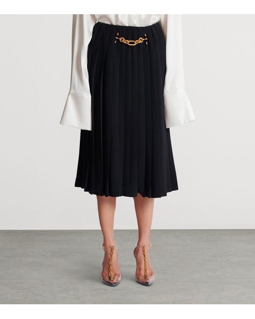 Balmain Black Chain-Detail Pleated Midi Skirt