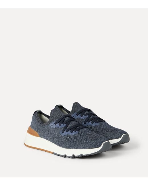 Brunello Cucinelli Blue Cotton-Blend Chiné-Knit Sneakers for men