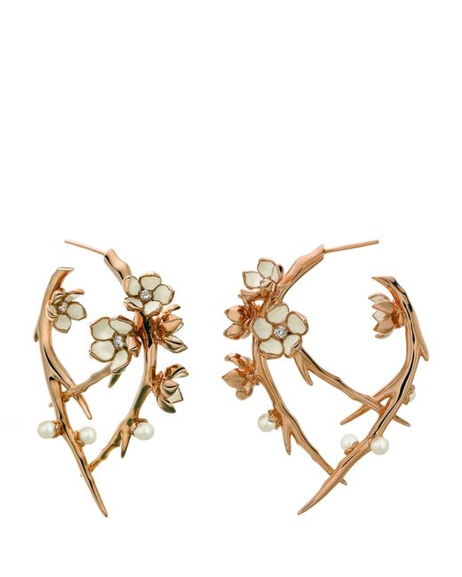 Shaun Leane Metallic Gold Vermeil, Diamond And Pearl Cherry Blossom Hoop Earrings