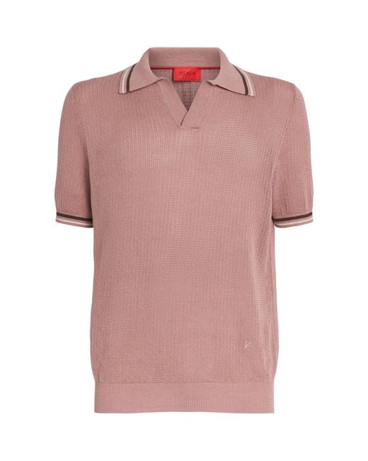 Isaia Pink Silk-Linen Open-Collar Polo Shirt for men