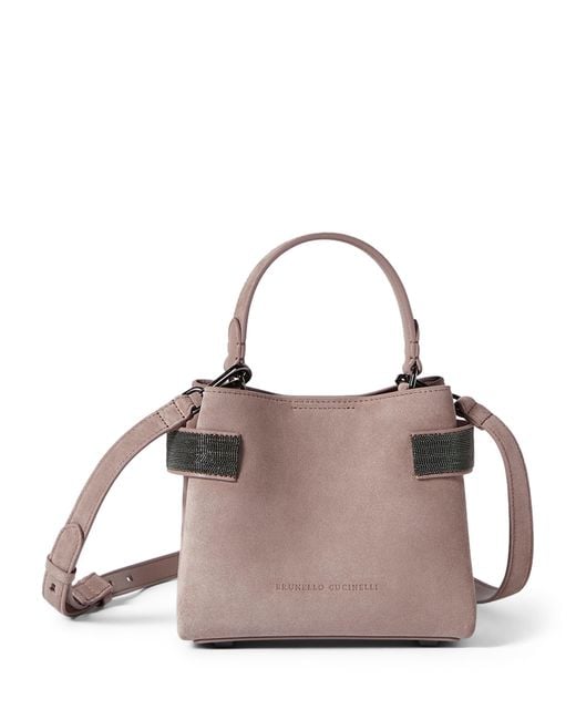 Brunello Cucinelli Purple Small Suede Essence Top-Handle Bag