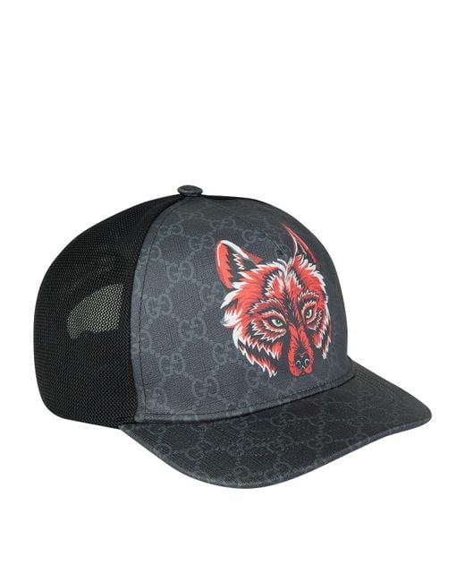 Gucci Black Men's Wolf Head GG-Supreme Baseball Cap for men