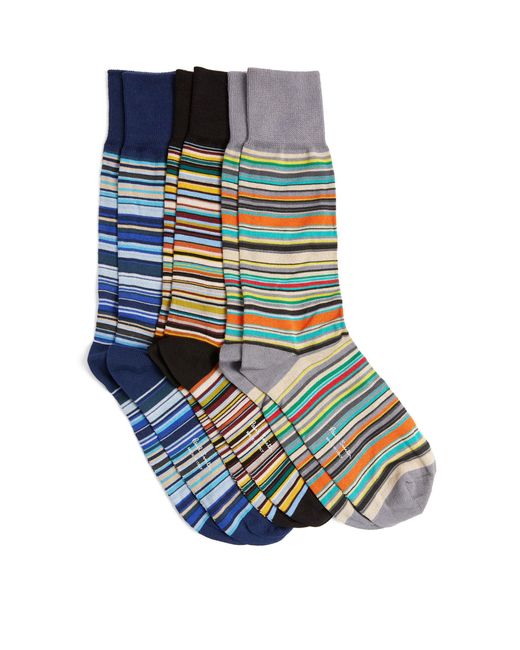 Paul Smith Blue Cotton-blend Multicolour Stripes Socks (pack Of 6) for men