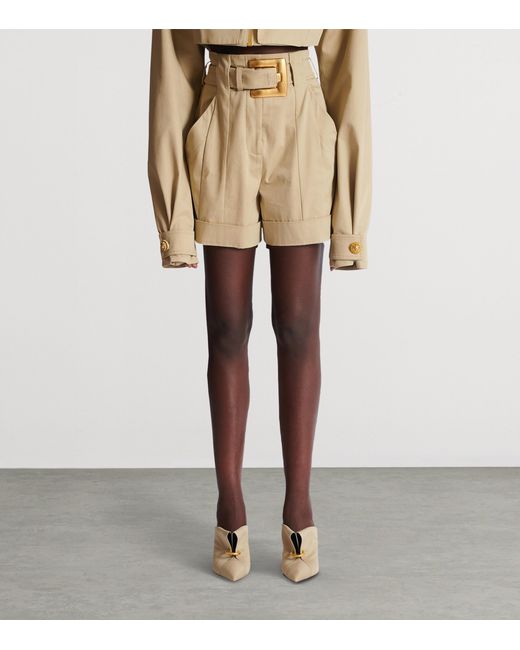 Balmain Natural Cotton Gabardine Belted Shorts
