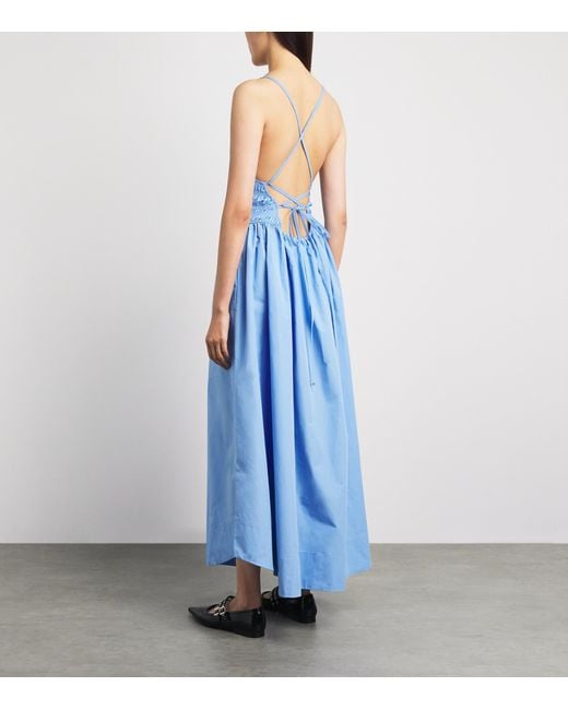 Ganni Blue Organic Cotton Shirred Maxi Dress