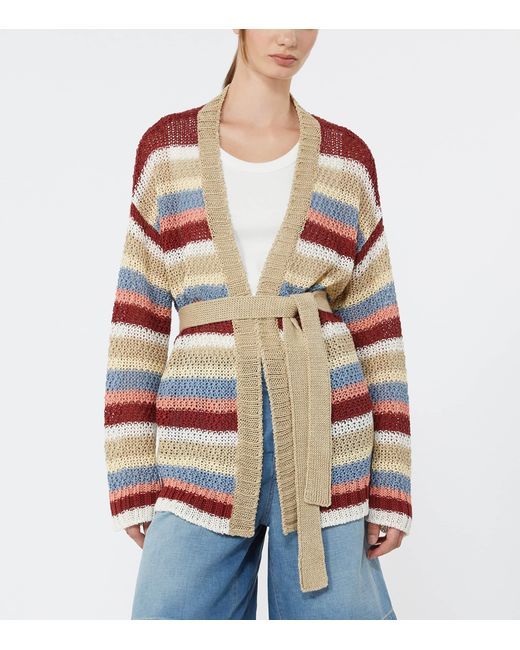 Weekend by Maxmara White Linen Open-Knit Stripe Cardigan