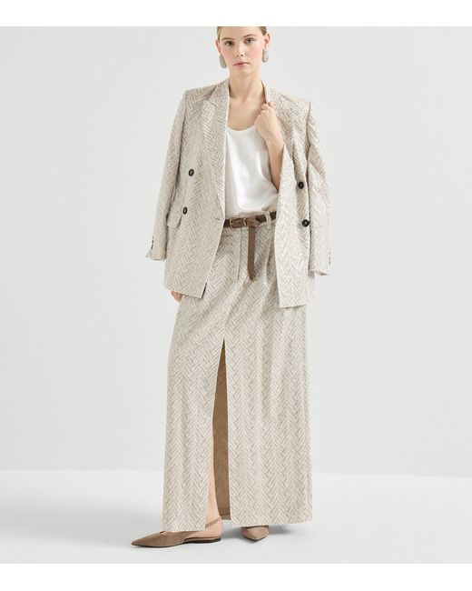 Brunello Cucinelli Natural Linen Chevron Double-Breasted Blazer