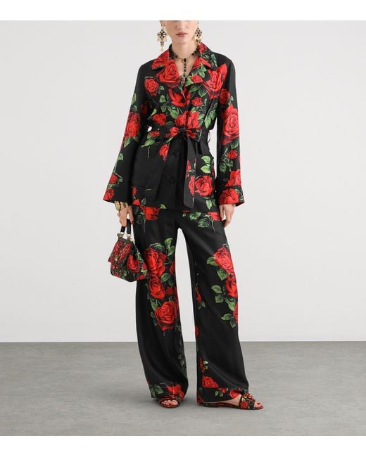 Dolce & Gabbana Red Silk Rose-Print Trousers
