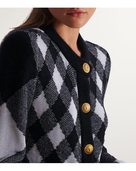 Balmain Blue Heritage-Inspired Argyle Shoulder-Pad Cardigan