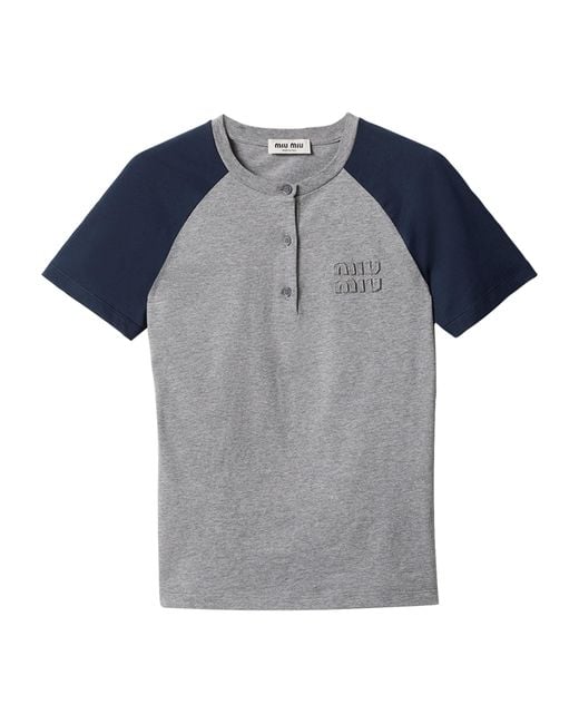 Miu Miu Blue Cotton Jersey Henley T-Shirt