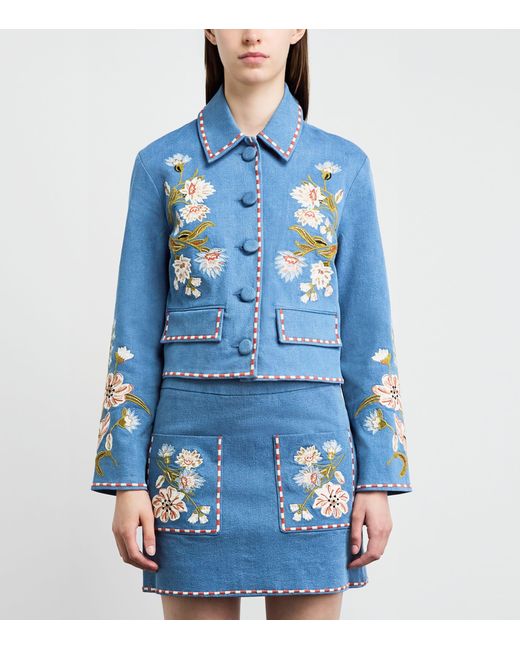 Veronica Beard Blue Embroidered Tailored Denim Jacket